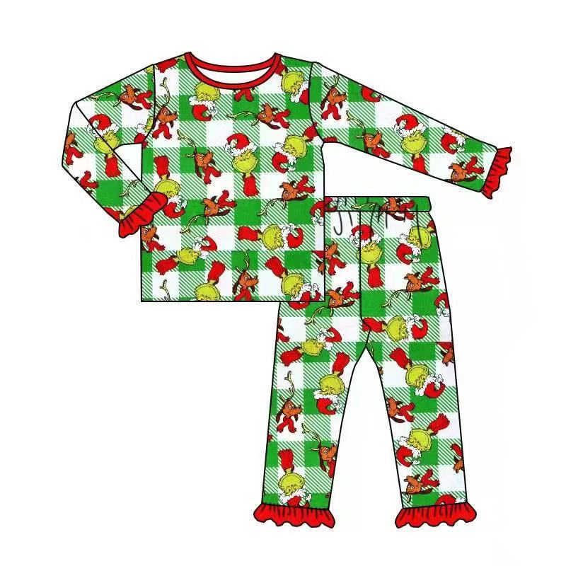 Baby girls Christmas plaid green bell pants sets