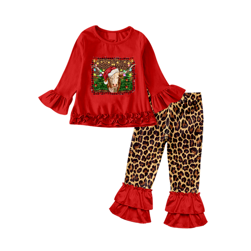 Baby Girls Christmas cow leopard Double ruffle Pants Clothes Sets