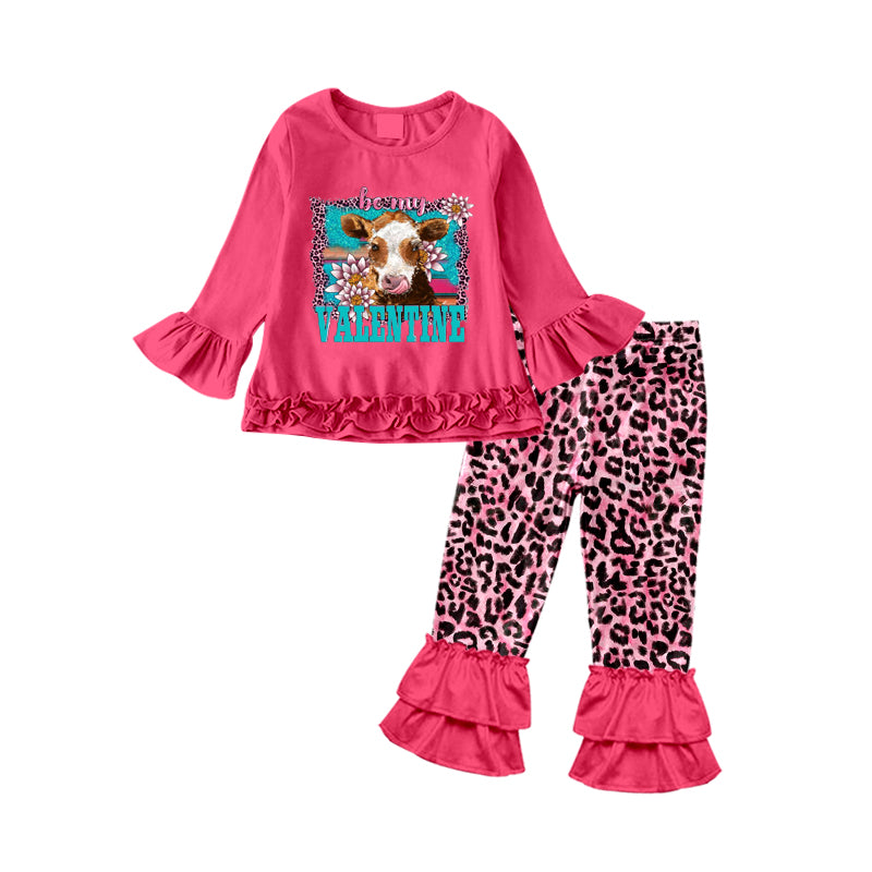 Baby girls Cow Valentines ruffle pants sets