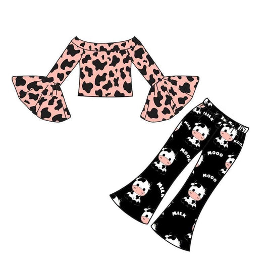 Baby Girls Cow Print Pink Bell Pants Clothes Sets