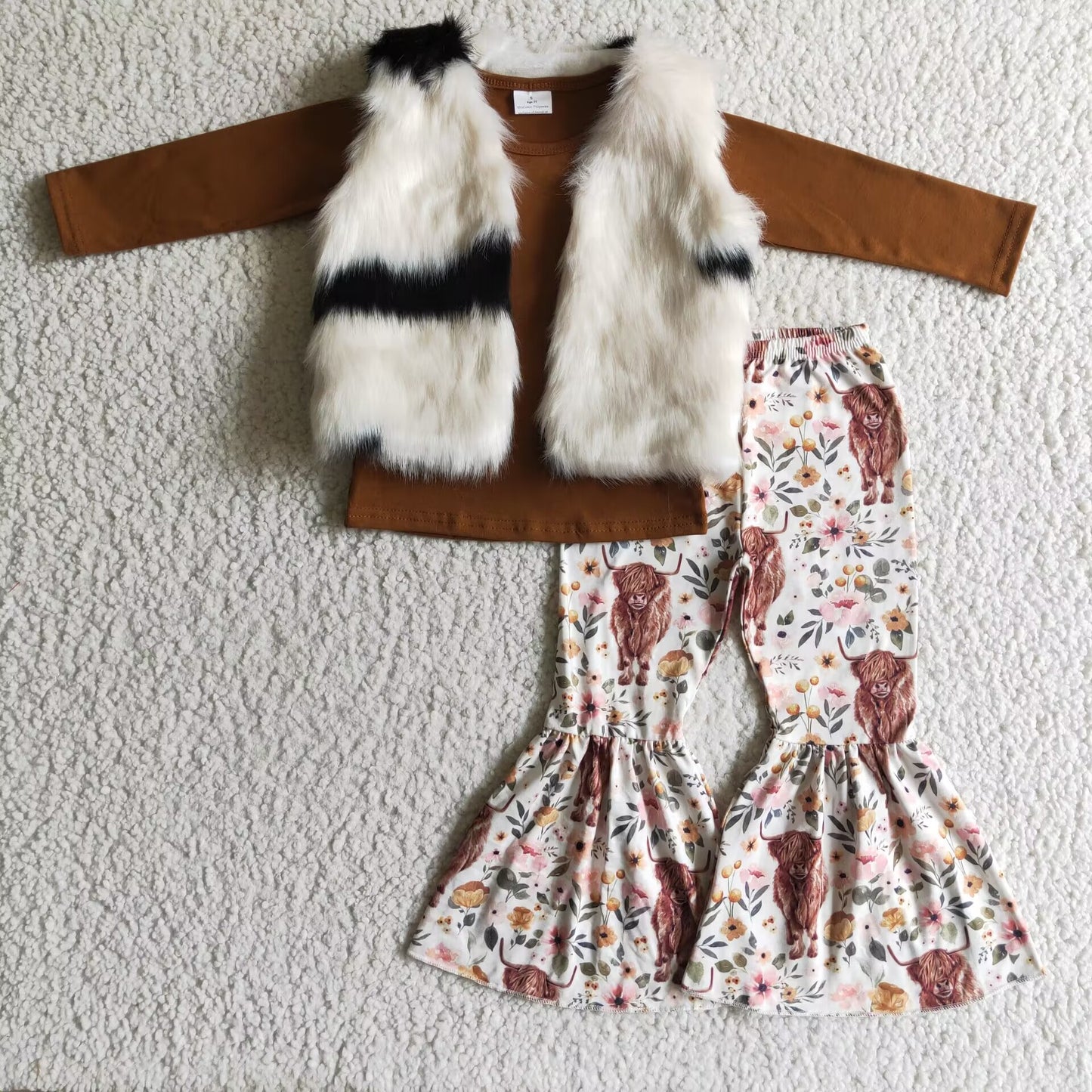 baby girls Brown Shirt Heifer Cow Bell White fur vest 3pcs pants sets