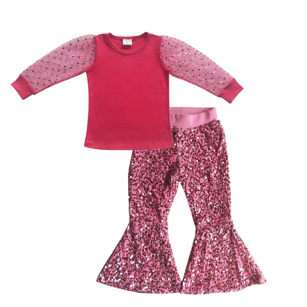 Baby Girl Hotpink Long Sleeve Shirt Sequin Pants clothes sets