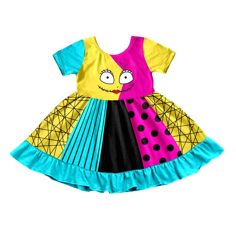 Baby girls Halloween half face flutter sleeve patchwork twirl dresses