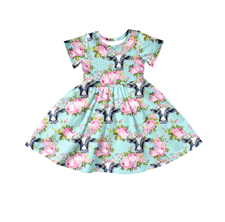 Baby Girls Cow flowers short sleeve Twirl knee length dresses preorder