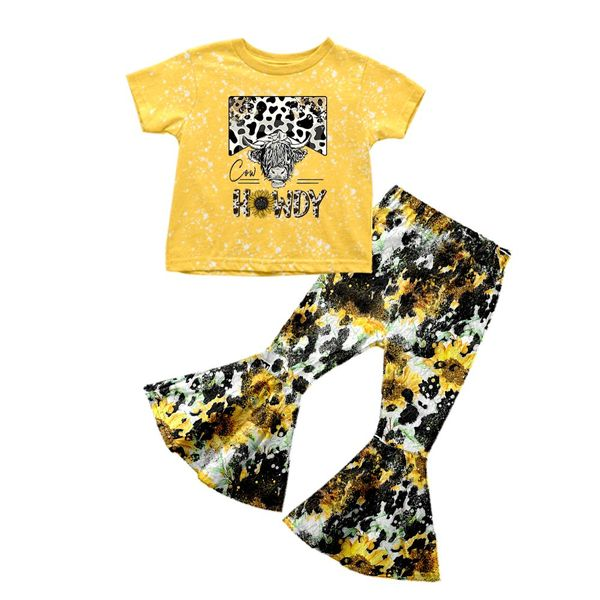 Baby Girls western howdy yellow cow bell pants outfits