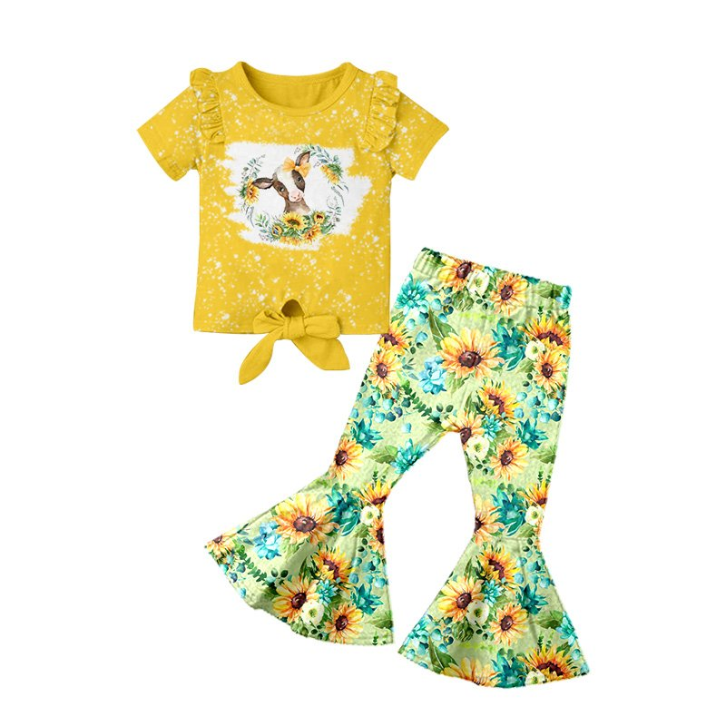 Baby Girls cute cow western floral bell pants sets