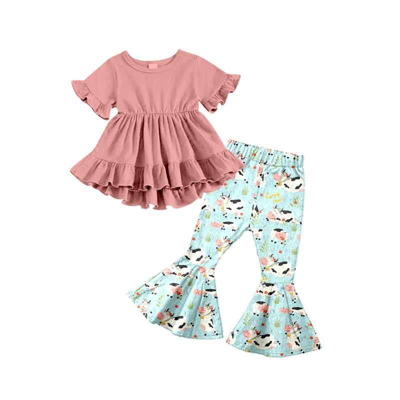 Baby girls cow hi-low tunic bell pants clothes sets