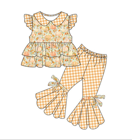 Baby girls fall pumpkin flowers bow bell pants clothes sets