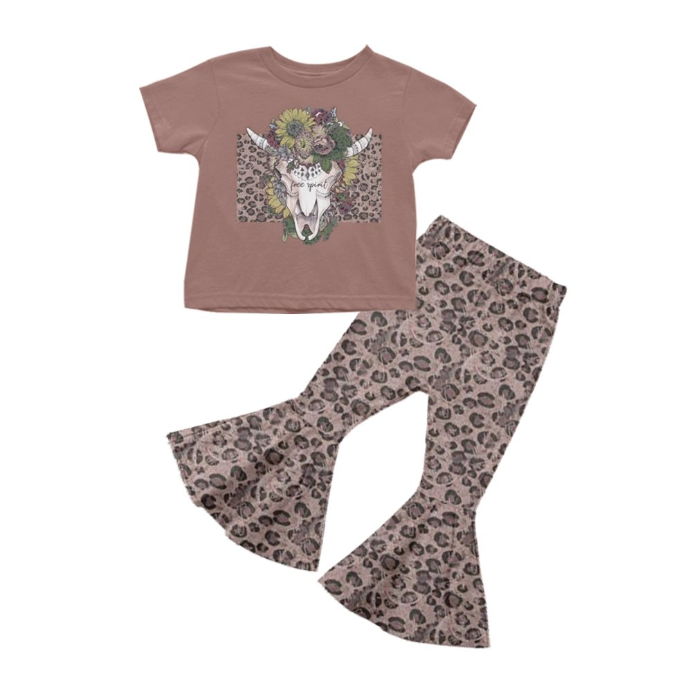 Baby girls cow skull leopard pants clothes sets
