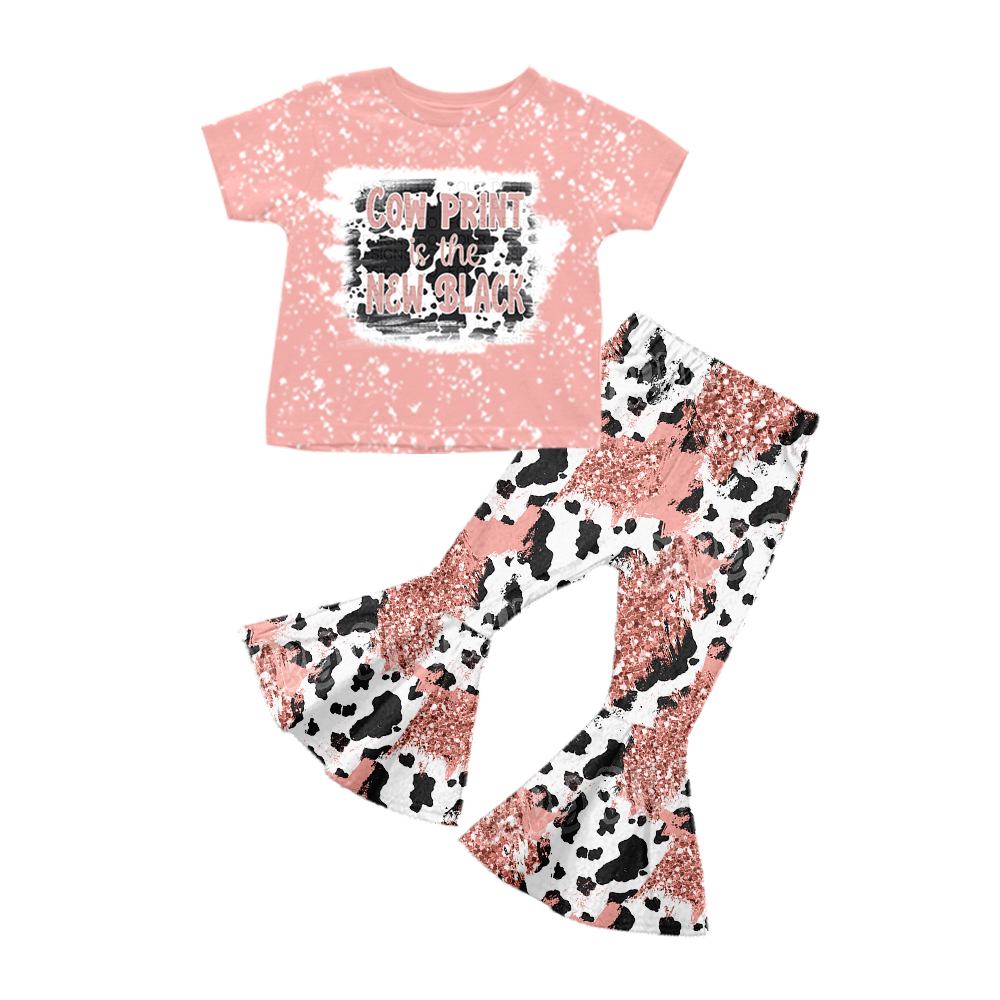 Baby girls Cow Print Pink Western bell pants clothes sets