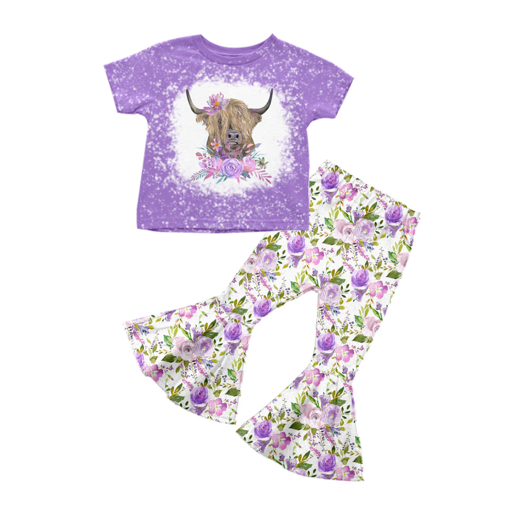 Baby Girls Purple Cow Flower Bell Pants Clothes Sets