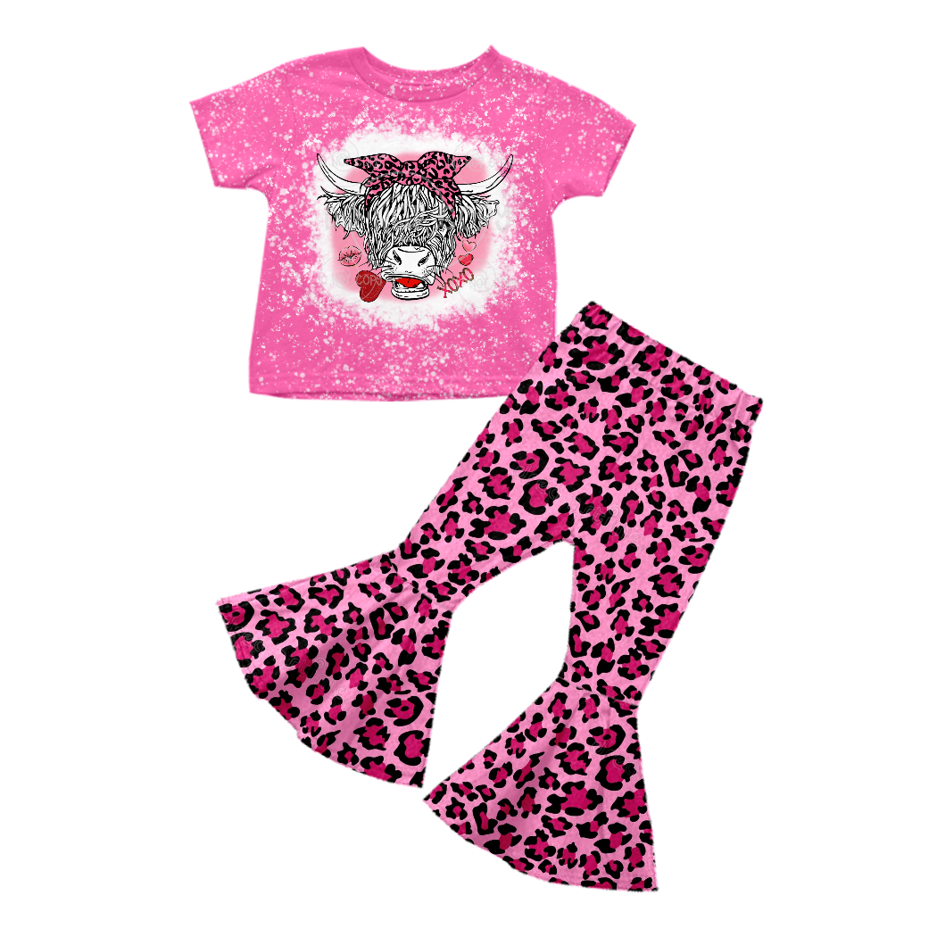 Baby Girls Valentines Highland Cow Leopard Bell Pants sets