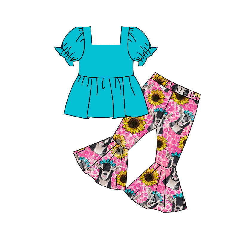 Baby Girls Western Aqua Cow Bell Pants Clothes Sets