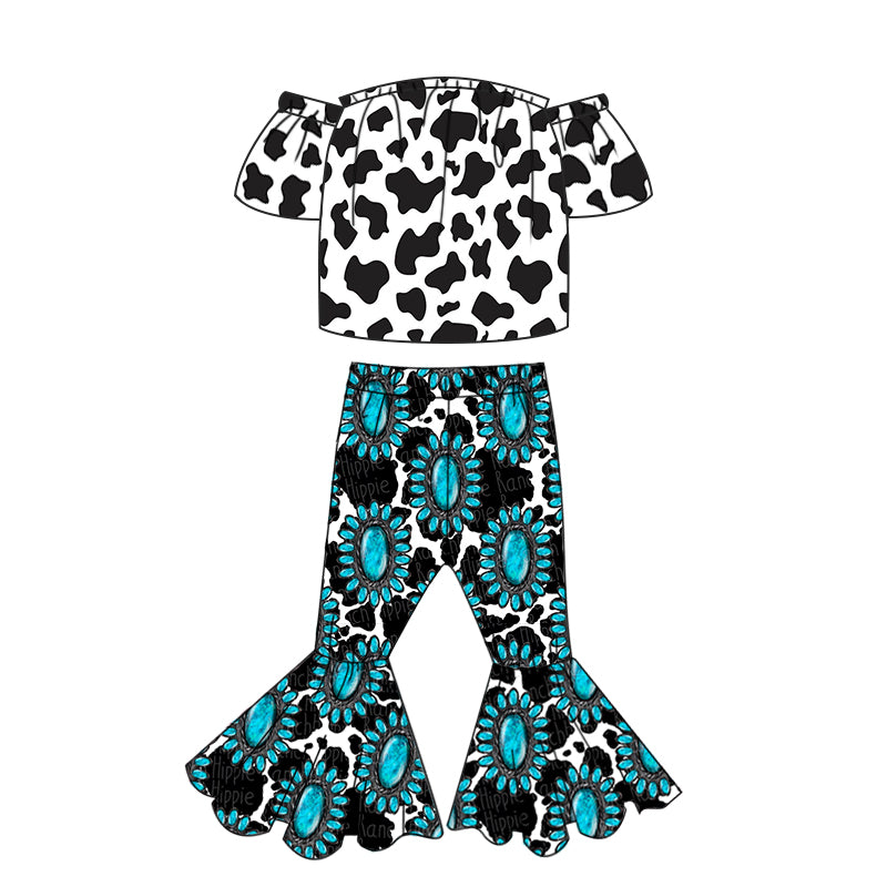 Baby Girls Cow Top Turquoise bell pants clothes sets