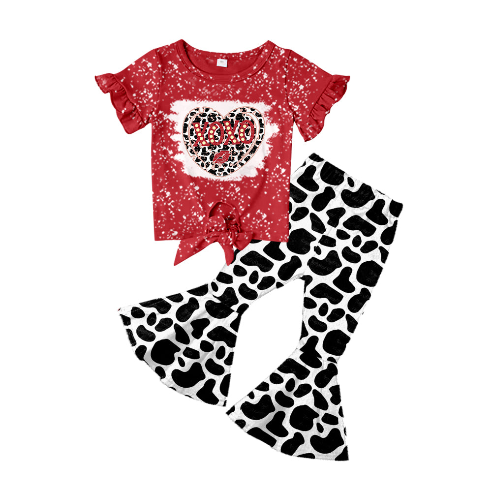 Baby Girls Valentines hearts Cow Bell Bottom Pants clothes sets