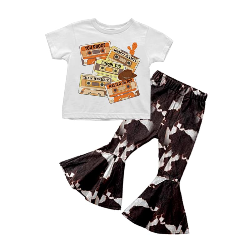 Baby Girls Tape Tee Shirts Cowprint Bell Bottom Pants Clothes Sets