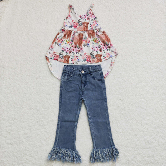 Baby Girls Highland Cow Hi-low Tunic Tops Tassel Pants clothes sets