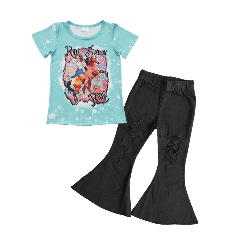 Baby Girls Western Ride Tee Black Denim Pants Clothes Sets