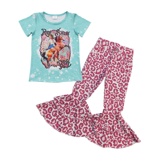 Baby Girls Western Ride Tee Pink Leopard Denim Pants Clothes Sets