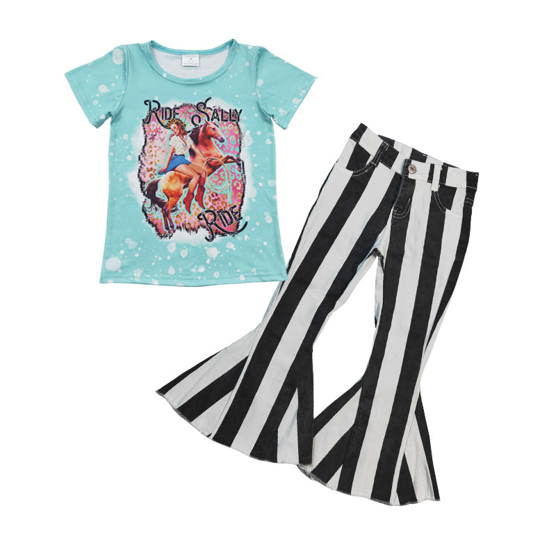 Baby Girls Western Ride Tee Black Stripes Denim Pants Clothes Sets