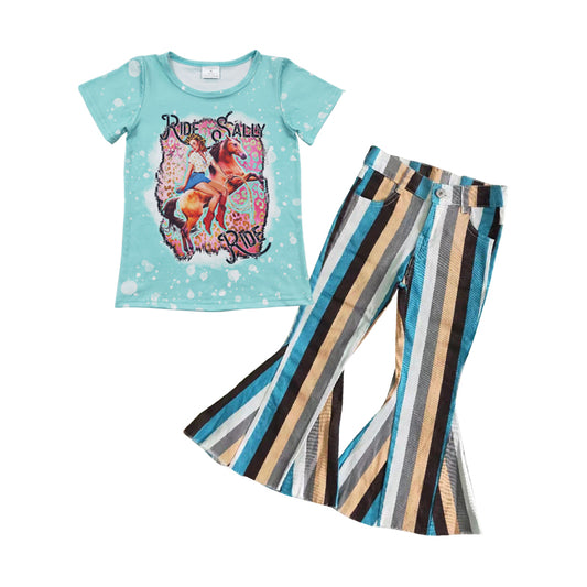 Baby Girls Western Ride Tee Green Stripes Denim Pants Clothes Sets