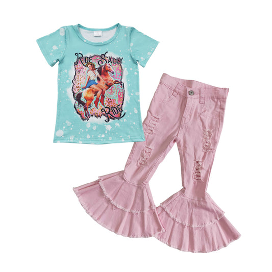 Baby Girls Western Ride Tee Pink Denim Pants Clothes Sets