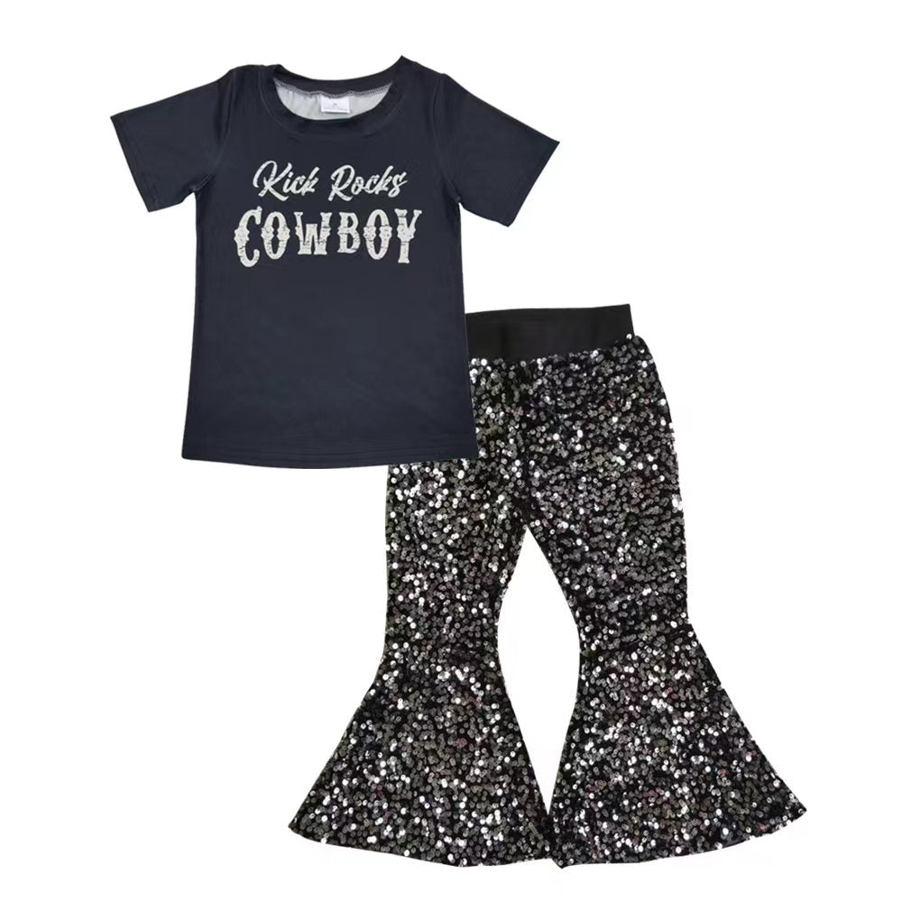 Baby Girl Cowboy Shirt Black Sequin Pants clothes sets