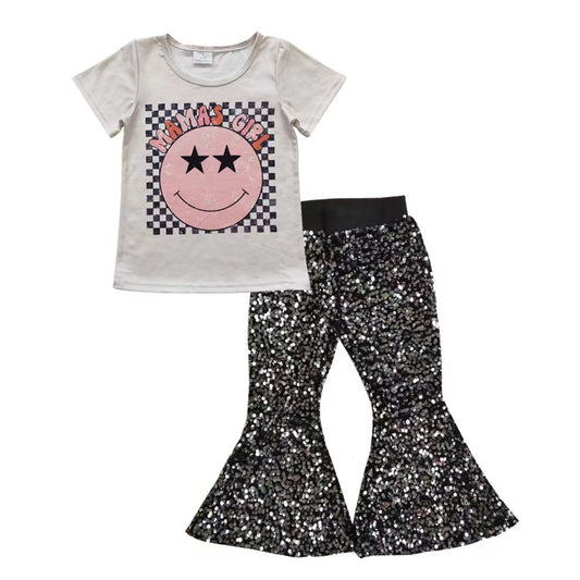 Baby Girl Face Shirt Black Sequin Pants clothes sets