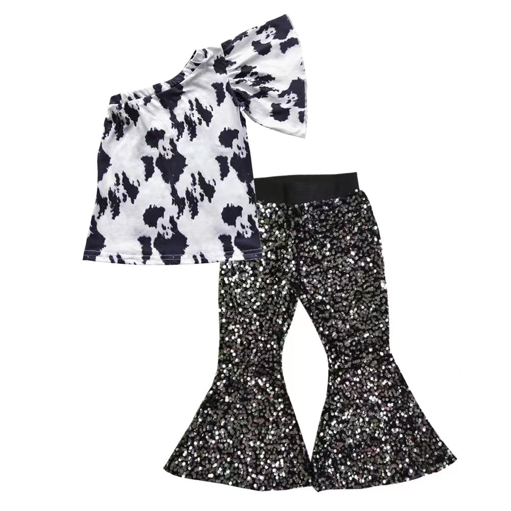 Baby Girl Cow One Shoulder Shirt Black Sequin Pants clothes sets