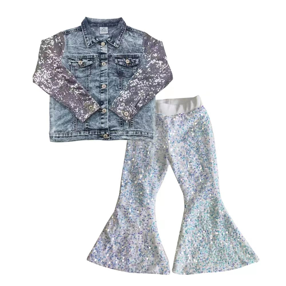 Baby Girls Denim Jackets White Sequin Pants clothes sets