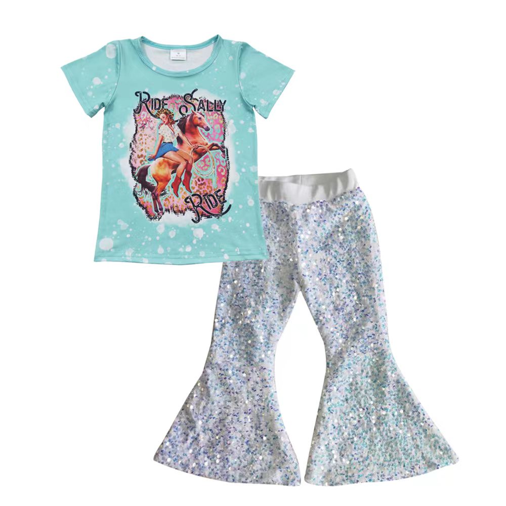 Baby Girl Ride Shirt White Sequin Pants clothes sets