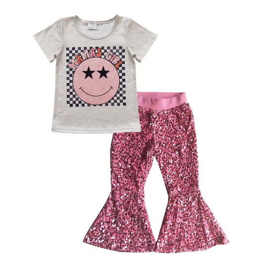 Baby Mama's Girl Smile Pink Sequin Pants clothes sets