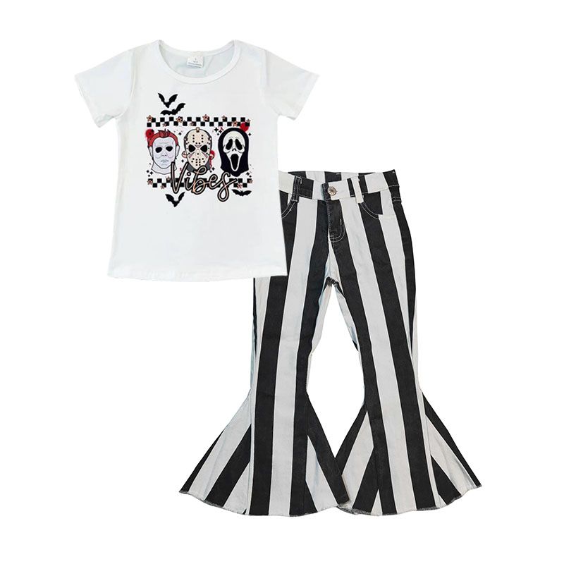 Baby Girls Halloween Vibes Stripe Denim Bell Pants Clothes Sets