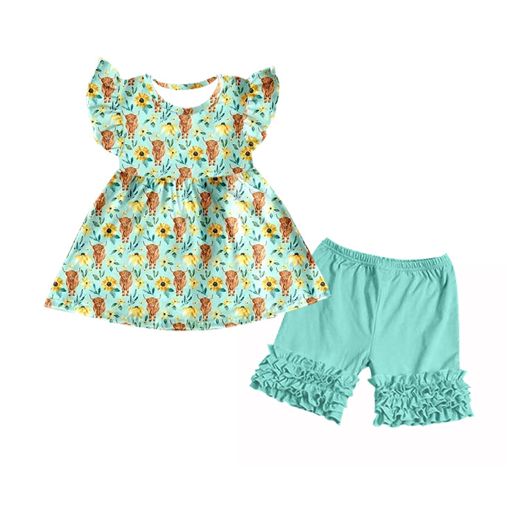 Baby girls green cow floral pearl summer shorts sets