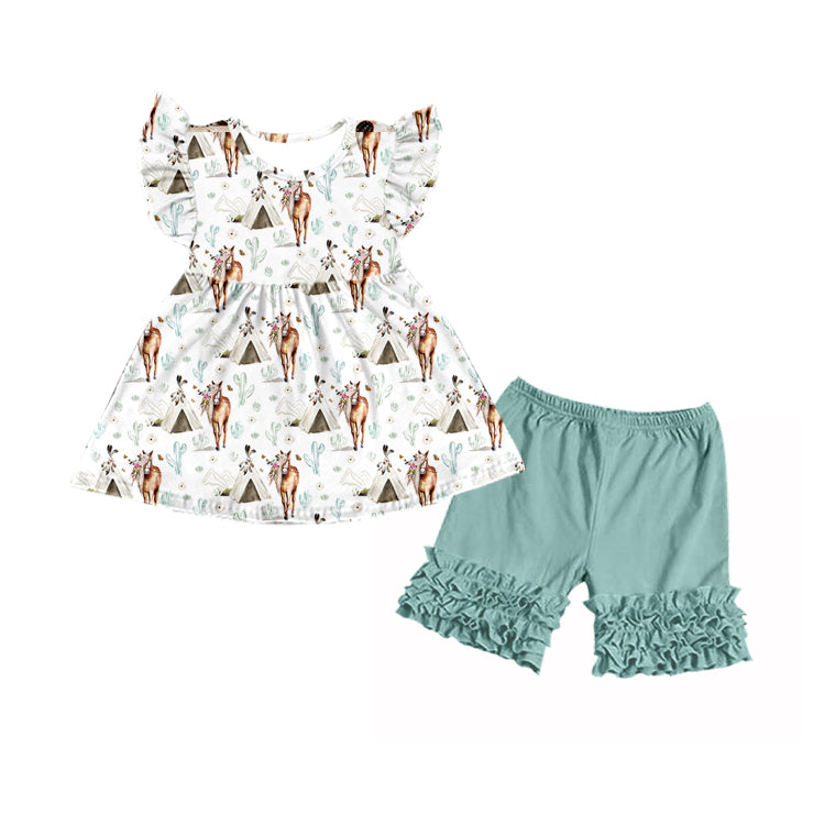 Baby girls horse teepee western pearl top icing ruffle shorts sets