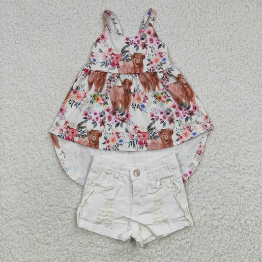 Baby Girls Highland Cow Hi-low Tunic Tops Denim White Shorts clothes sets
