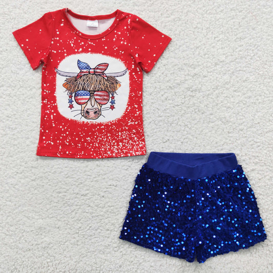 Baby Girls 4th Of July Cow Blue Sequin Shorts Clothes Sets