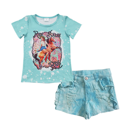 Baby Girls Ride Wester Tee Shirts Denim Shorts Clothes Sets
