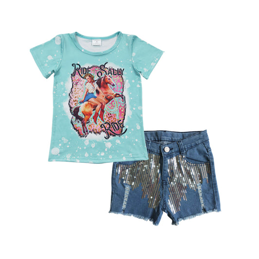 Baby Girls Ride Wester Tee Shirts Sequin Denim Shorts Clothes Sets