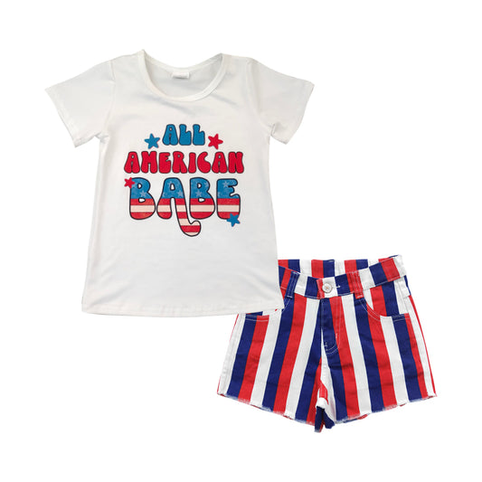 Baby Girls All American Babe Stripes Denim Shorts clothes sets