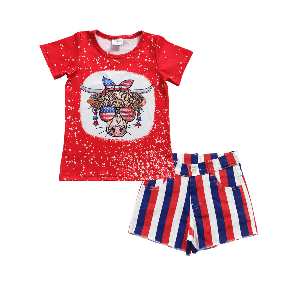 4th Of July Cow Shirt Denim Shorts clothes sets