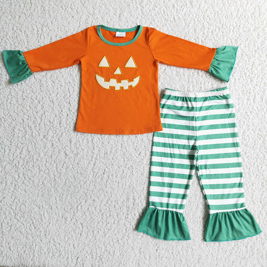 Halloween baby girls orange face ruffle pants pajamas sets