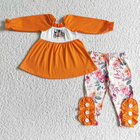 Baby Girls orange floral pumpkin ruffle pants sets