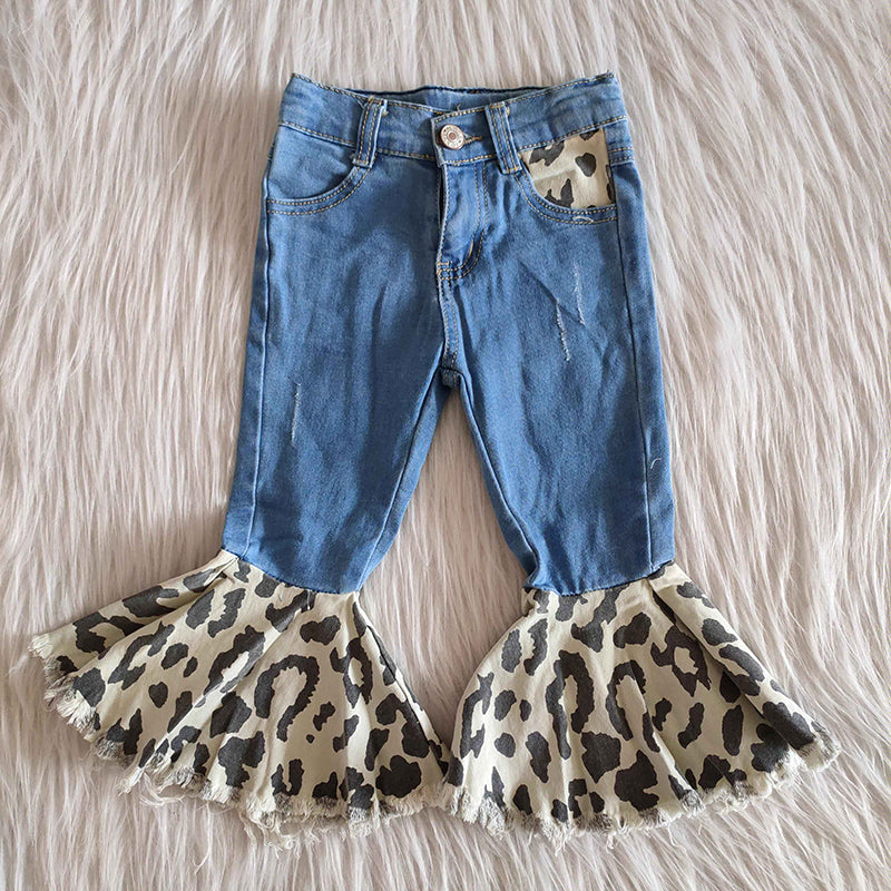 Baby girls Blue Leopard Denim Ruffle Jeans Pants