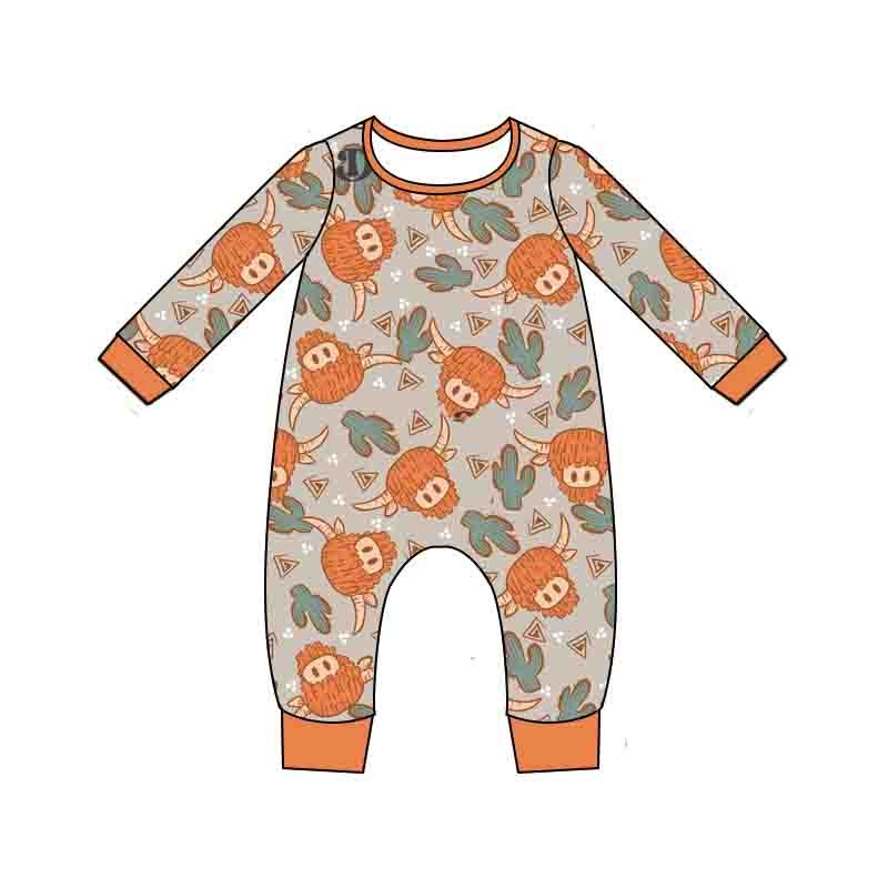 Baby girls western highland cow orange rompers