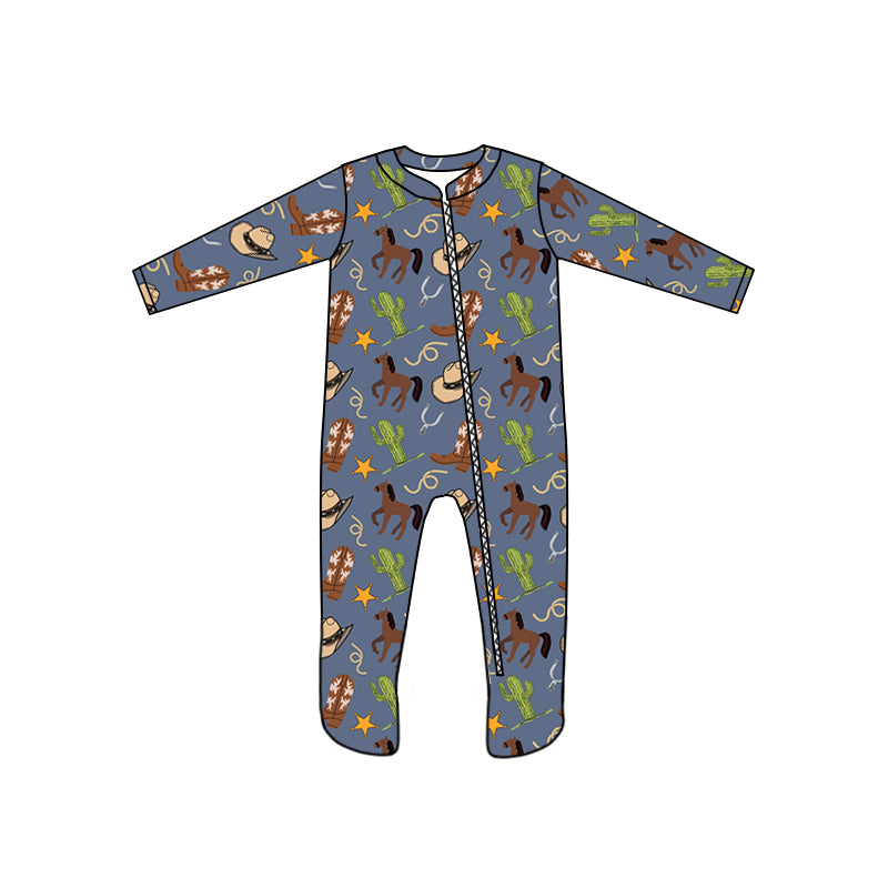 Baby boys western horse zip rompers