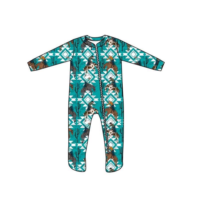 Baby boys horse aztec zip footie rompers