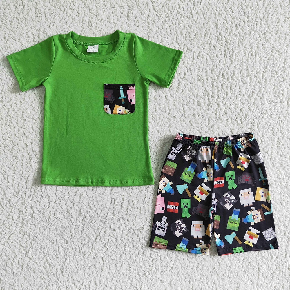 Baby boys cartoon green pocket shorts sets