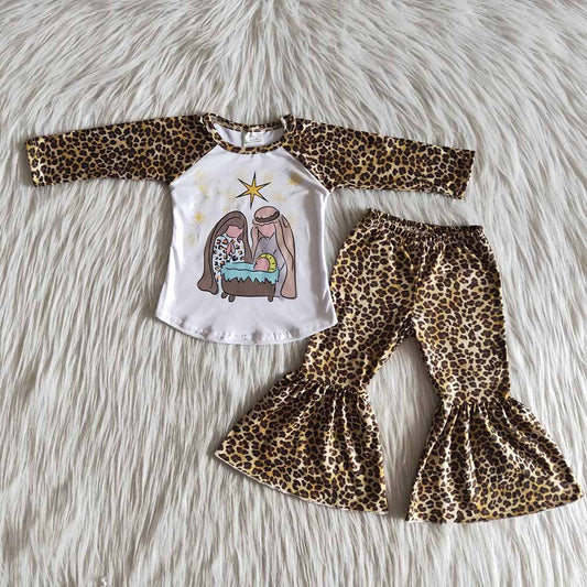 Baby girls leopard nativity Chrsitmas bell pants clothes sets