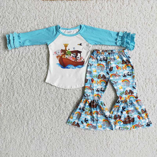 Baby Girls Blue Animal Bout Bell Bottom Pants Sets